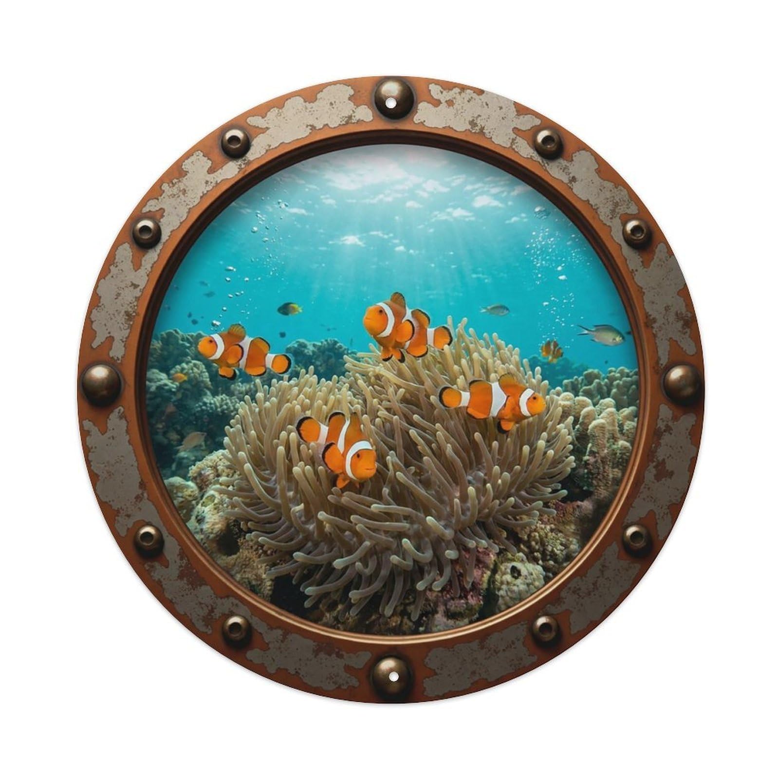 Gead 8X8inch Style Vintage Porthole Clownfish Nautical Window View Metal Tin Sign