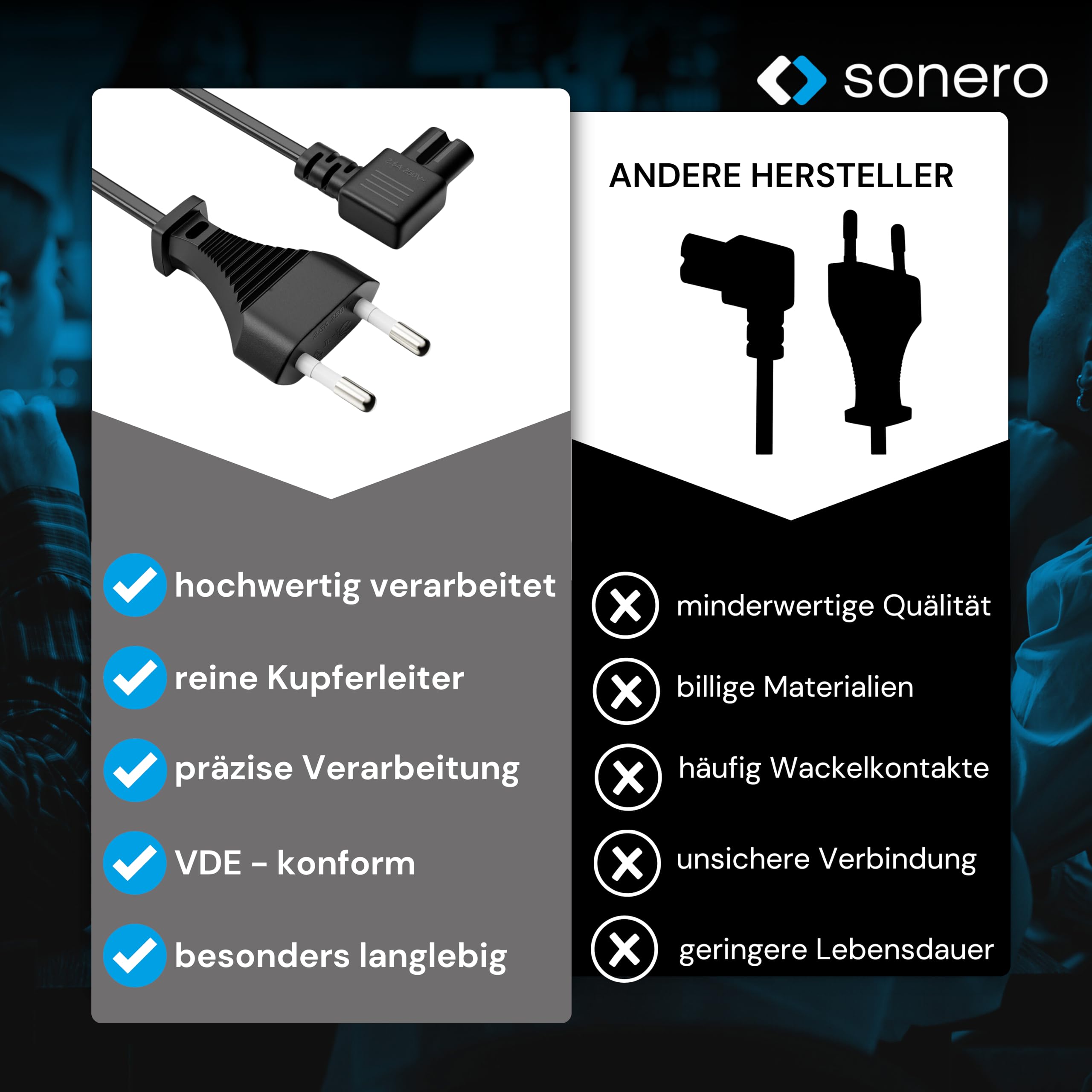 Cavo Alimentazione 2 Poli 1m - Spina Euro C7 A 90&deg; Per TV, PS5, Elettrodomestici - Nero