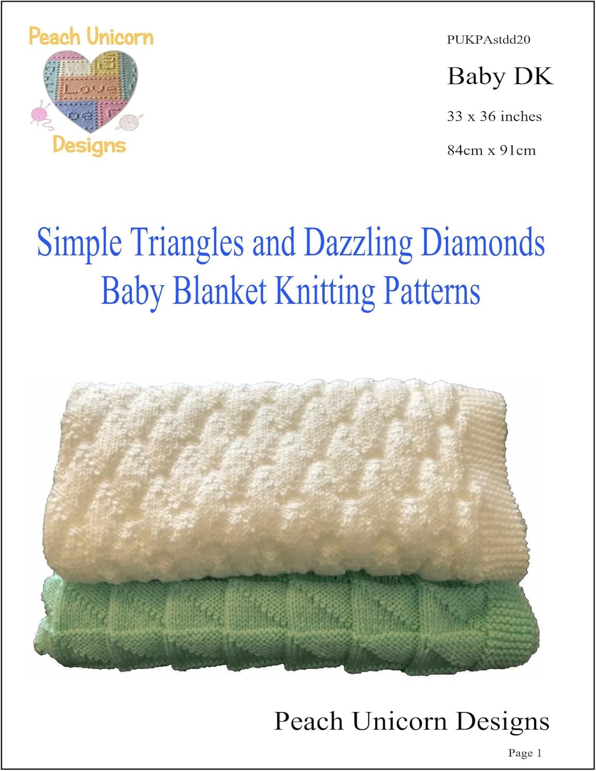 Peach Unicorn Designs Knitting Patterns for Baby Blankets x 2, Simple Triangles & Dazzling