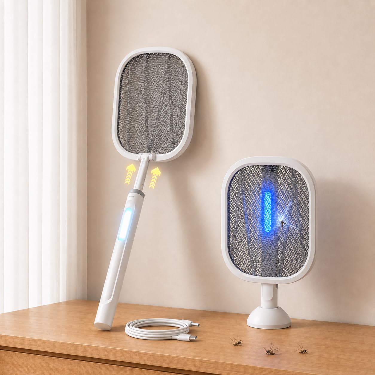 Elektrische Fliegenklatsche 5000V Extra Stark, Fliegenklatsche Elektrisch 2 in 1 mit UV-Licht, 2000mAh USB-C Akku Insektenvernichter, 180° klappbar mit 61–72 cm Teleskopgriff