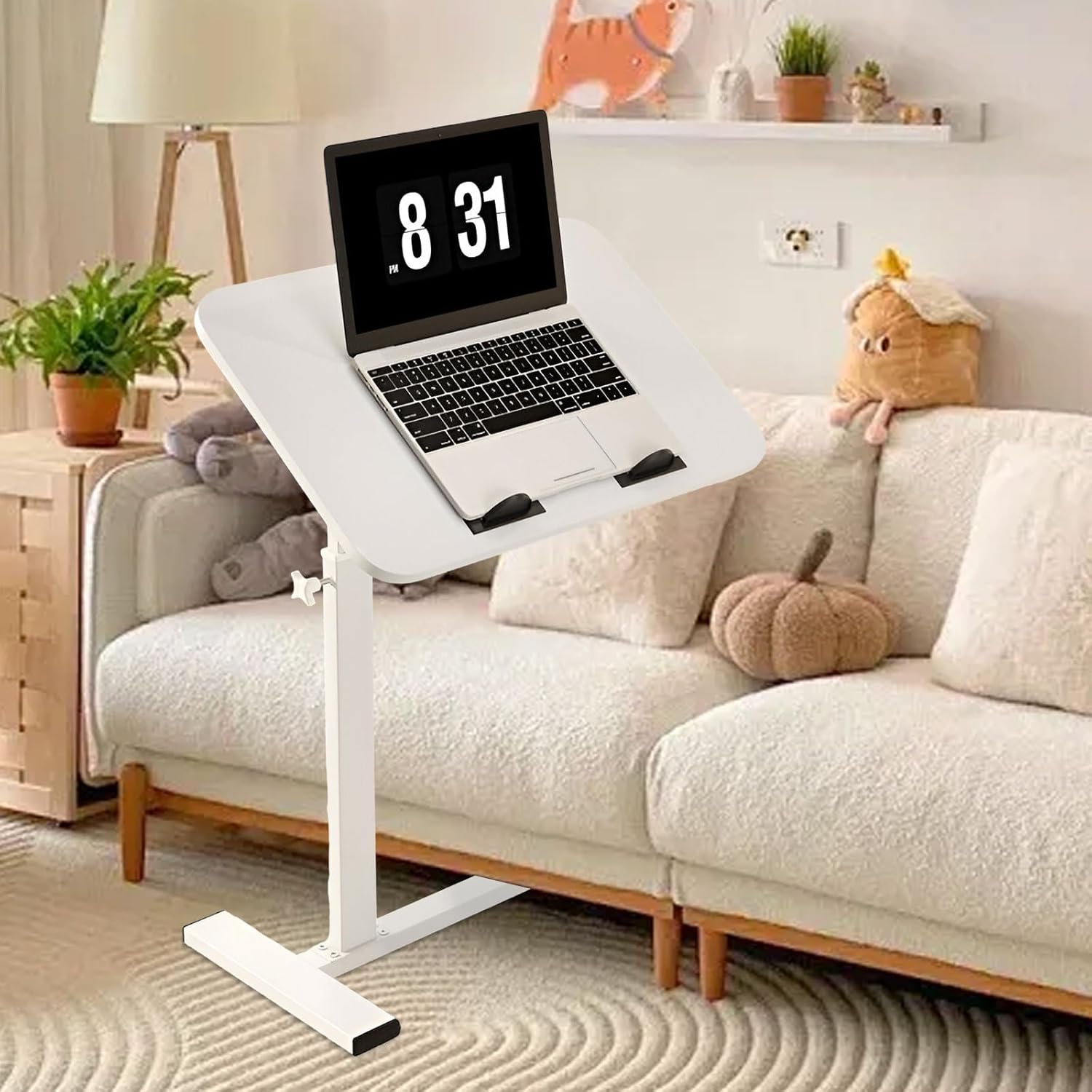 Rolling Computer Cart Mobile Standing Desk, Height Adjustable Rolling Laptop Desk with Wheels Foldable Laptop Cart for Home, Hospital,Walnut Color,White-One Size