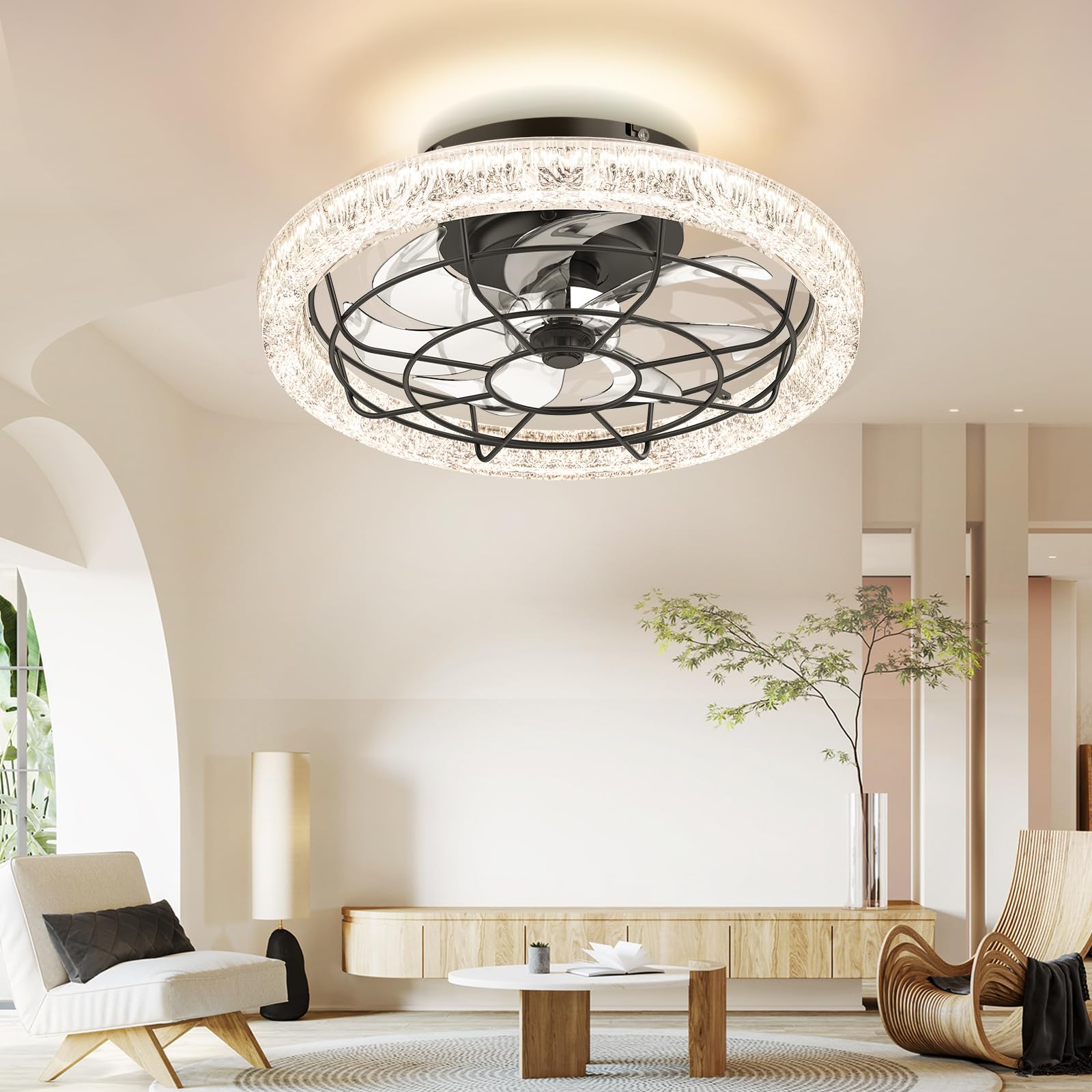 Sararoom 49cm LED Ceiling Fans with Lights, 3 Color Temperature Ceiling Lights with Remote & APP Control,6 Speeds, Timing, Stepless Dimming Electric Fan Lamp for Bedroom Living Room Home [Energy Class F]