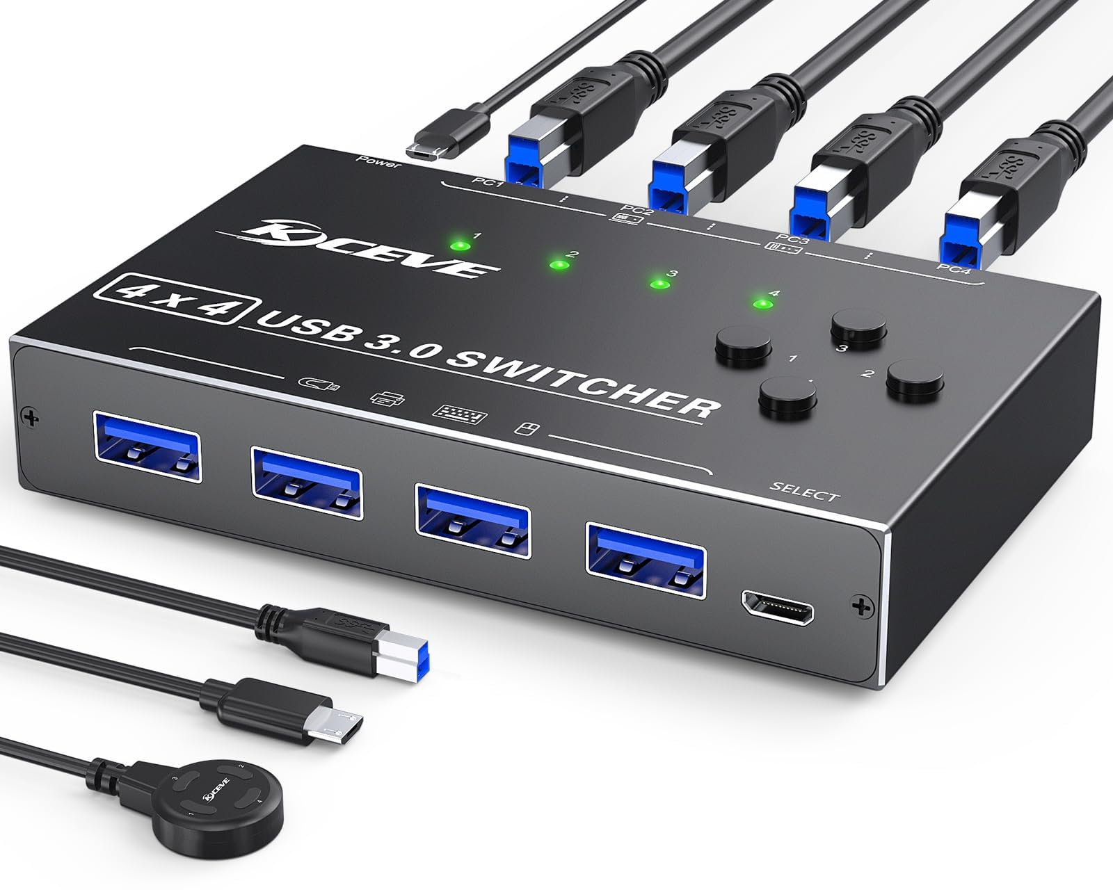 Selettore switch USB 3.0 a 4 porte, camgeet KVM Switcher 4 computer che condividono 4 dispositivi USB, commutatore periferico USB per tastiera, mouse, stampante, scanner, con pulsante remoto cablato e