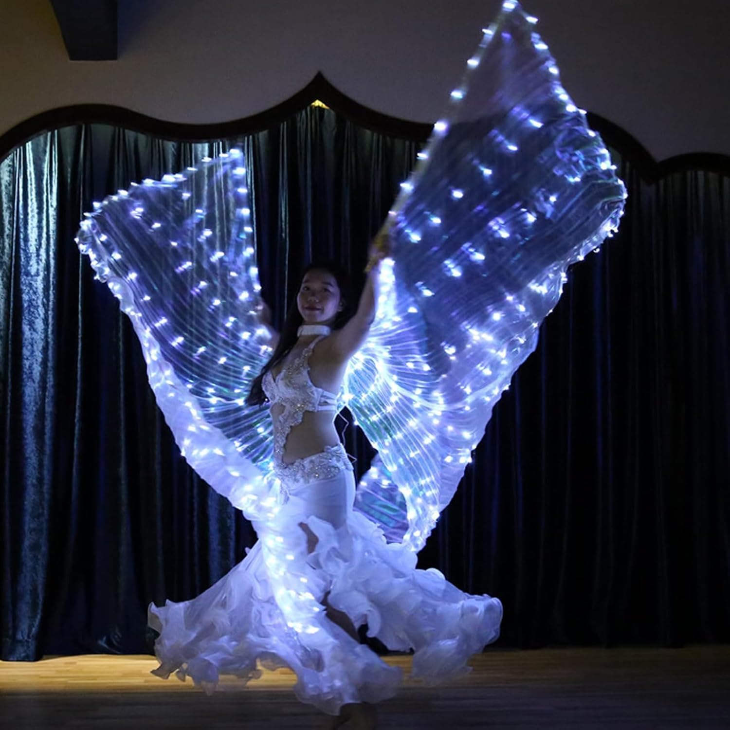 Ailes LED Isis, ailes pour danse du ventre avec ailes de papillon LED colorées et bâtons télescopiques lumineux - Costume de performance pour carnaval, scène, Halloween, Noël, fête (Adulte, Blanc