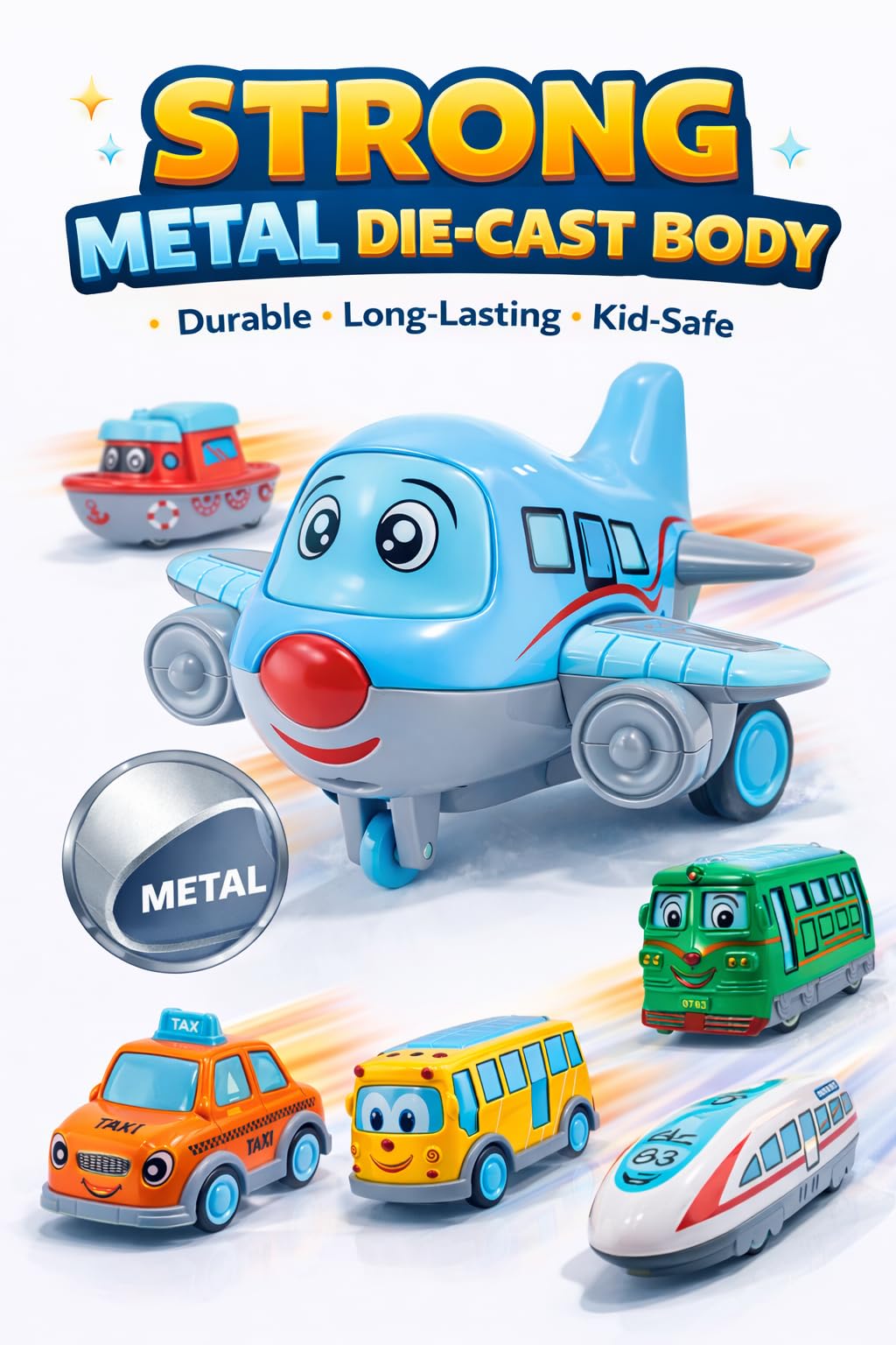 PB Prime Brands Cute Metal Die Cast Pull Back Vehicles Toy Cars Play Set for Toddlers - Alloy Mini Airplane, Taxi, 2 Bus, Boat & Train - Smooth Pull Back Action Metal Toys for Kids 4