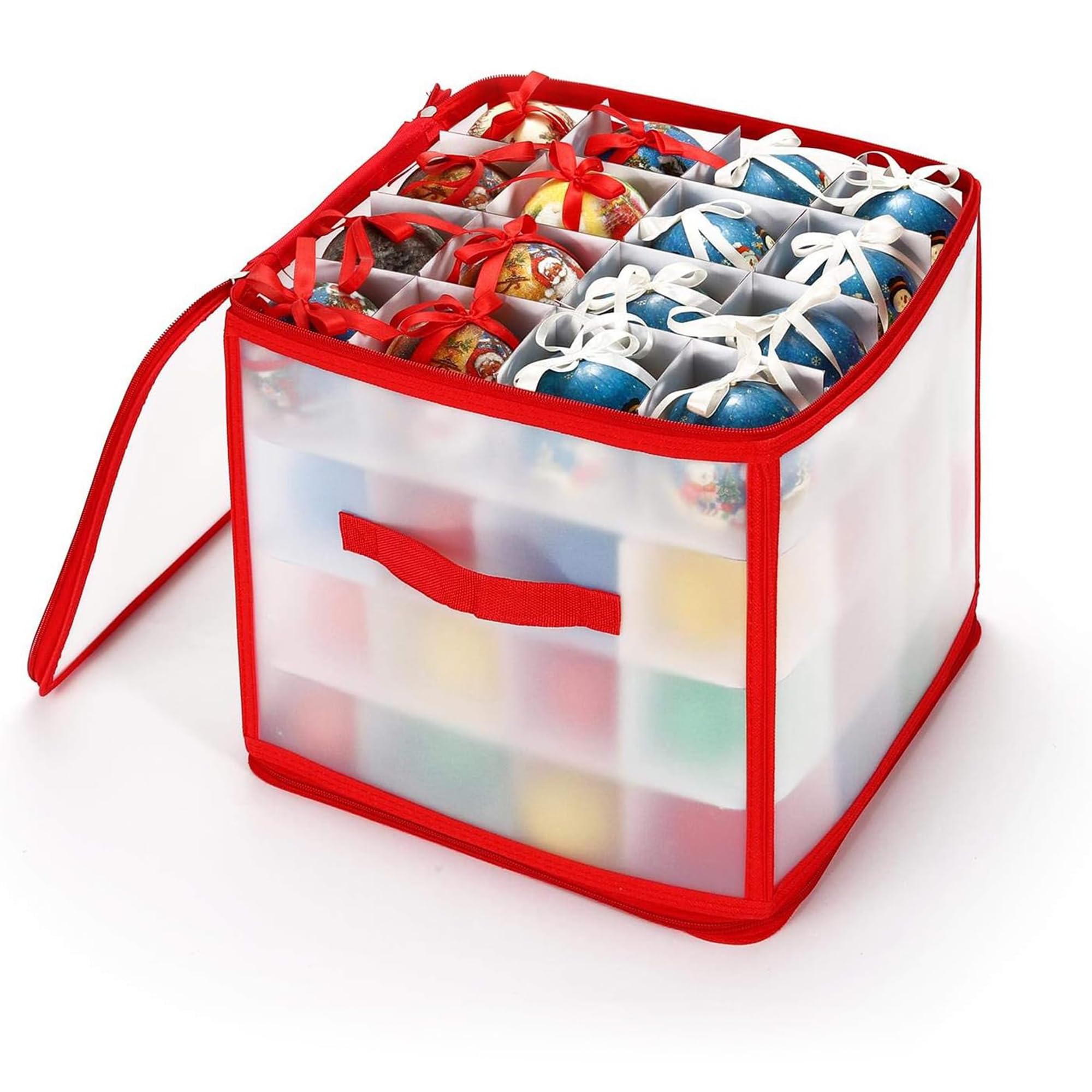 Vinsani Red Bauble Christmas Tree Decoration Storage Box – Foldable Ornament Organiser With Zip Closure & Side Handles – Secure & Dust-Free Xmas Décor Storage (, 64 Bauble)