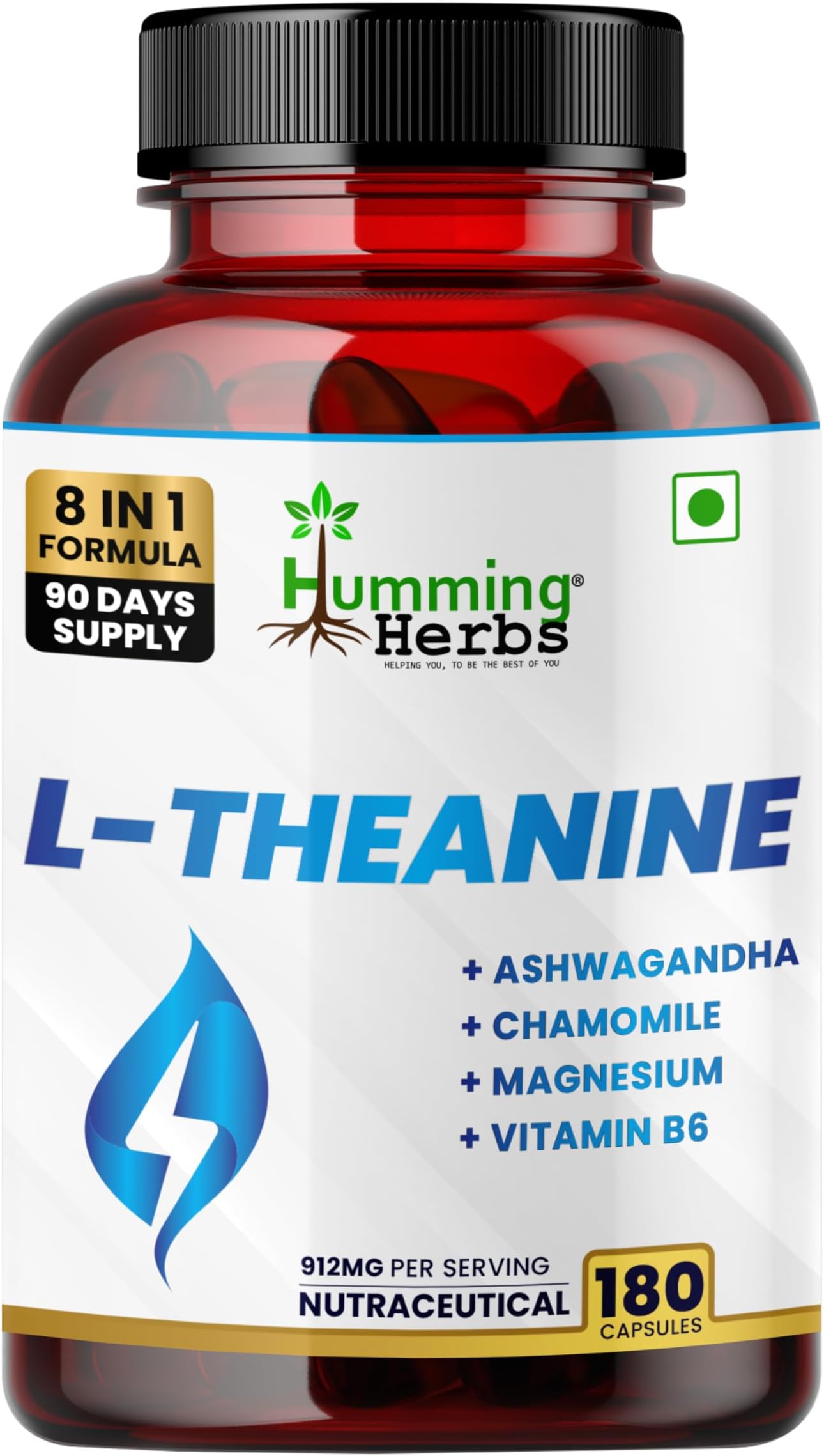 Humming Herbs L-Theanine with Ashwagandha, Chamomile, Magnesium, Vitamin B6, Vitamin B12 & Zinc | 180 Veg Capsules | 912mg | 8-in-1 Daily Nutrition Blend