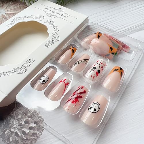 Miniatura 3 de 24 piezas de uñas postizas largas de Halloween a presión de dibujos animados de Halloween, uñas largas cuadradas de Halloween, lindas uñas con