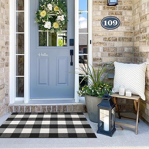 Miniatura 2 de Tapete Kimode de algodón, a cuadros, color negro y blanco, lavable, para porche, entrada, cocina