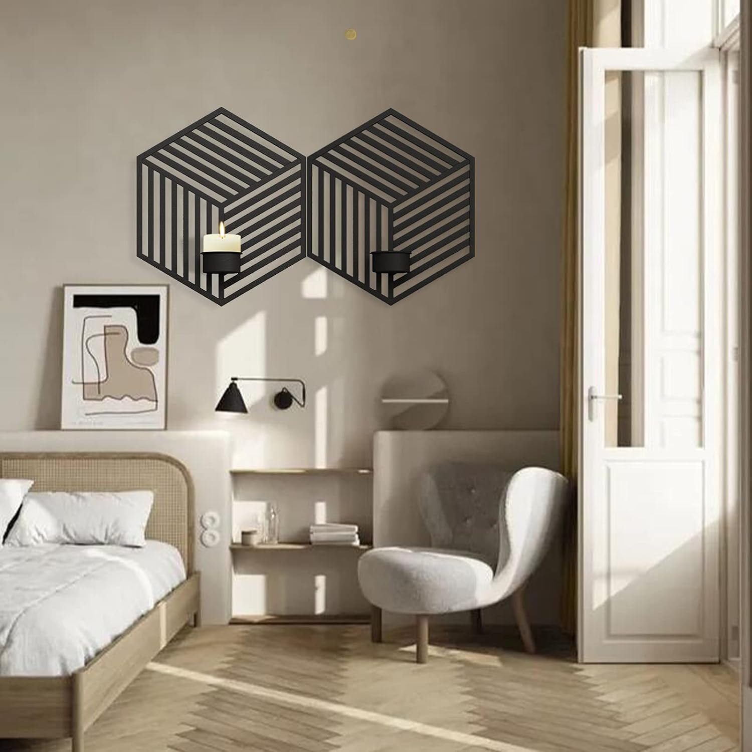 Shelving Solution Wall Sconce Candle Holder,Metal Holders Wall Art Decorations for Living Room, Bathroom, Dining Room and Office, Set of 2 (Rhombus Black)