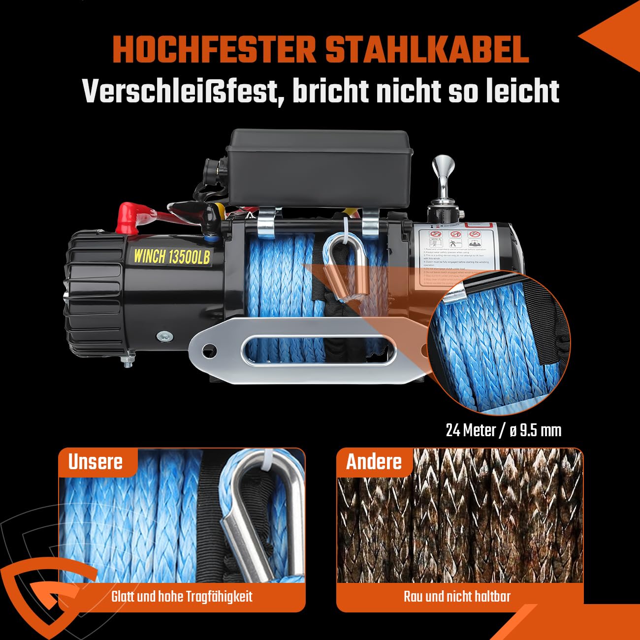 Elektrische Seilwinde 12V 6123 kg/13500lbs, Motorwinde 12V mit Dyneema-Seil, Funk & Kabel Fernbedienung, Wasserdichtem Steuergerät, Inkl. Seilfenster, IP67 für ATV, UTV, SUV, Boot, Anhänger