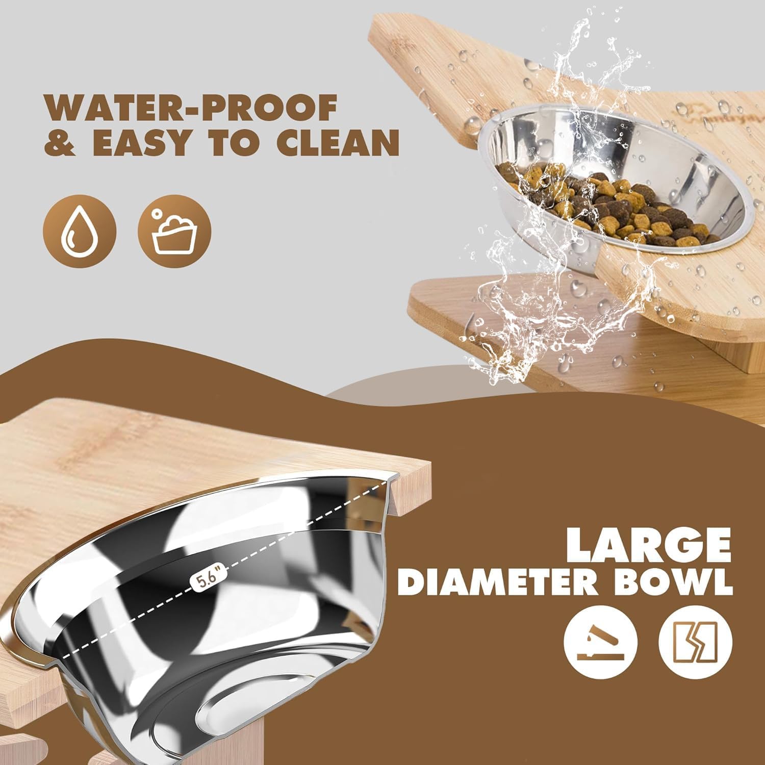 Elevated Dog Bowls Raised Pet Bowl Natural Bamboo Stand with 2 Stainless Steel &1 Slow Feeder Food Bowls Non-Slip Dog Feeder for Puppy Small Dogs and Cats