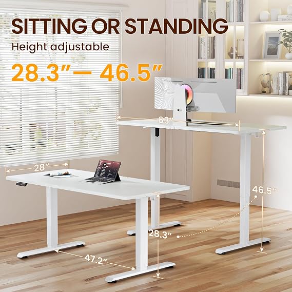 Veken 63x28 Wider Large Standing Desk, Electric Height Adjustable, White