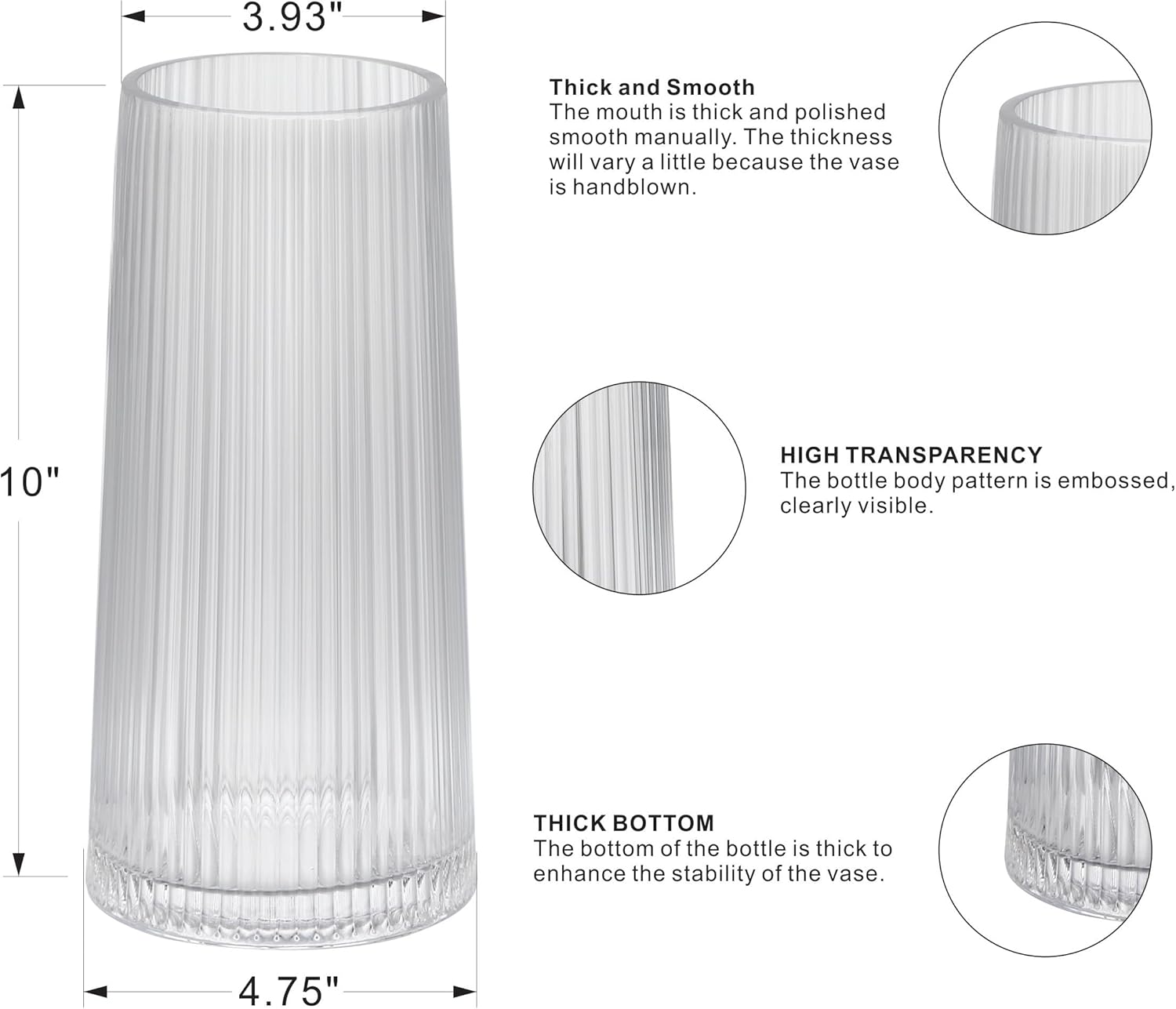 10" High Clear Glass Vase for Flower, Flower Vase for Bouquet, Ribbed Vases, Modern Glass Vase for Living Room, Bedroom, Dinning Table, Wedding, Centerpiece (Clear, 4.8"x10")