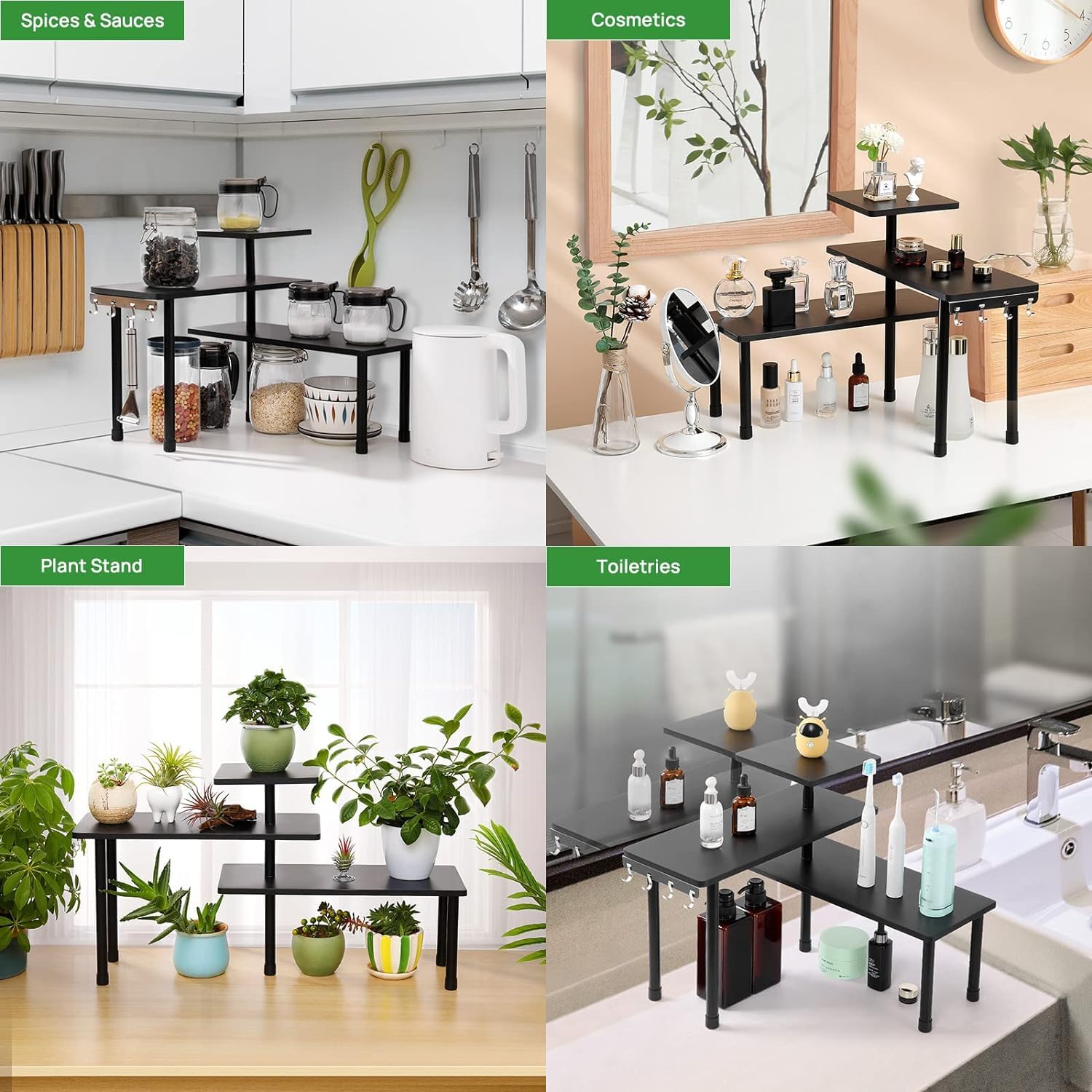 Kitchen Counter Shelf Organizer, 3 Tier Corner Shelf Bamboo Bathroom Countertop Organizer with Hooks, Space Saving Makeup Organizer Spice Rack Corner Plant Shelf