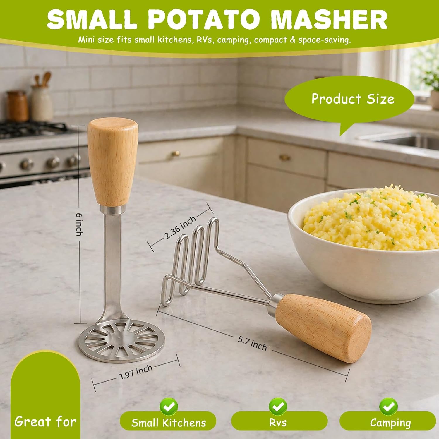 Mini Potato Masher, 2 Pcs Avocado Masher Stainless Steel Small Potato Masher, Kitchen Tools and Gadgets with Wooden Handle for Pototoes, Avocado, Fruits, Vegetables, Beans, Meat image 3