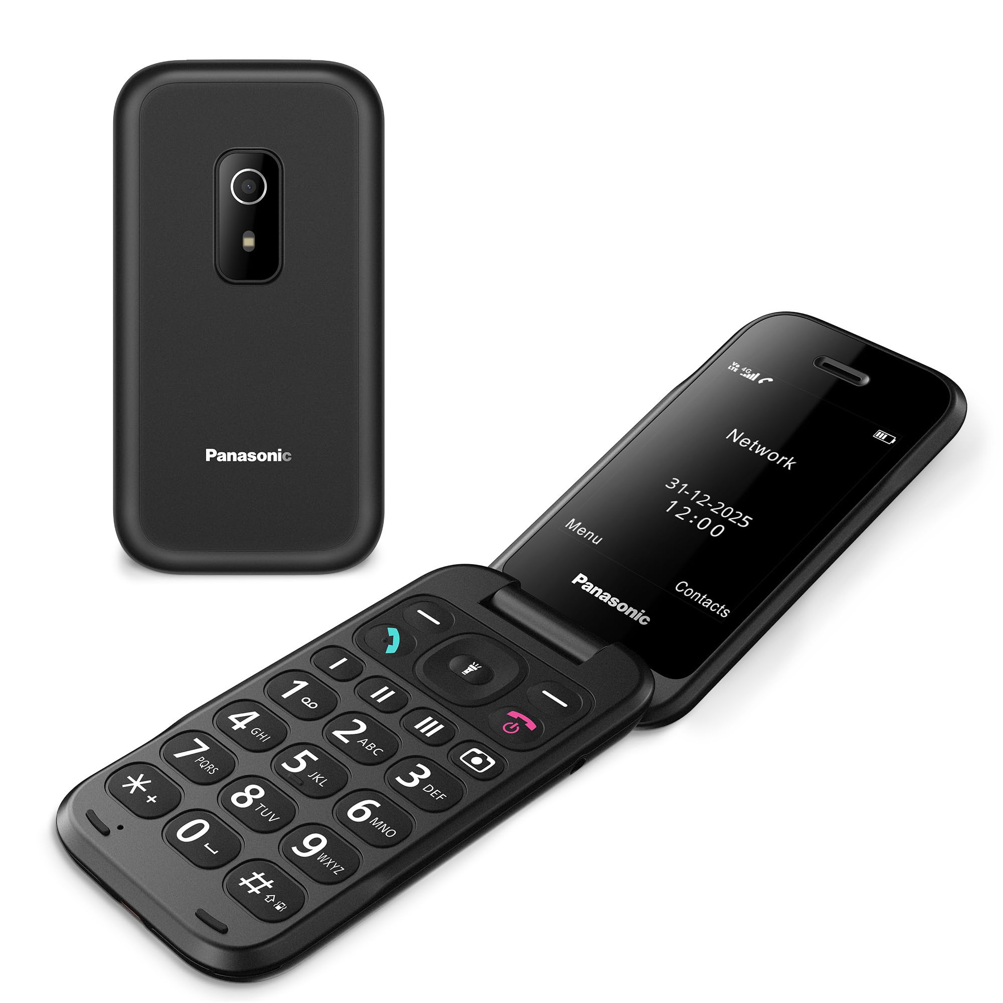 Panasonic KX-TF600EXB 4G Easy-to-Use Clamshell Mobile Phone, VoLTE, upto 290 Hours Reliable power with Standby mode, USB-C, 2.8-inch Display, Bluetooth, LED Flashlight, Camera, IP44 Waterproof, Black
