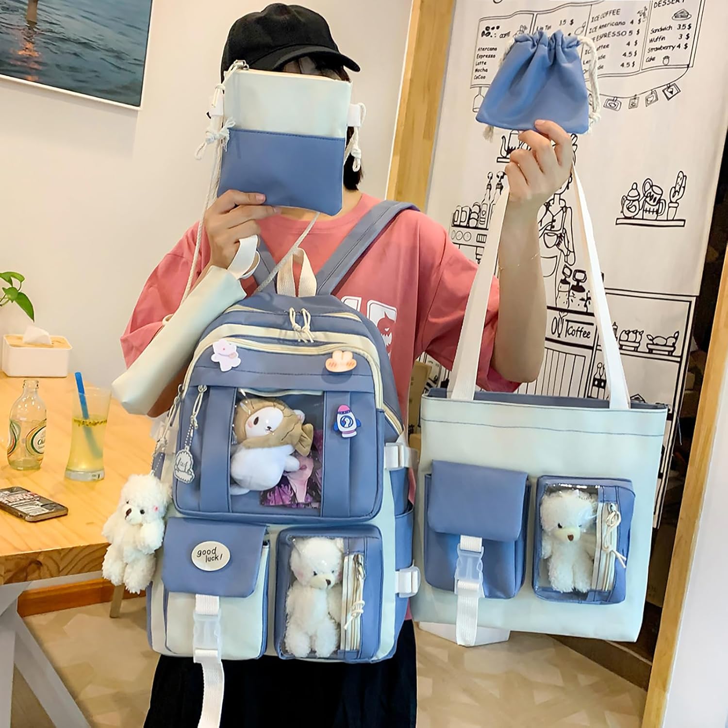 5-Piece Aesthetic Kawaii Backpack Set with Kawaii Pin and Pendants Accessories, Nylon Material | Durable & Adorable - Image 3
