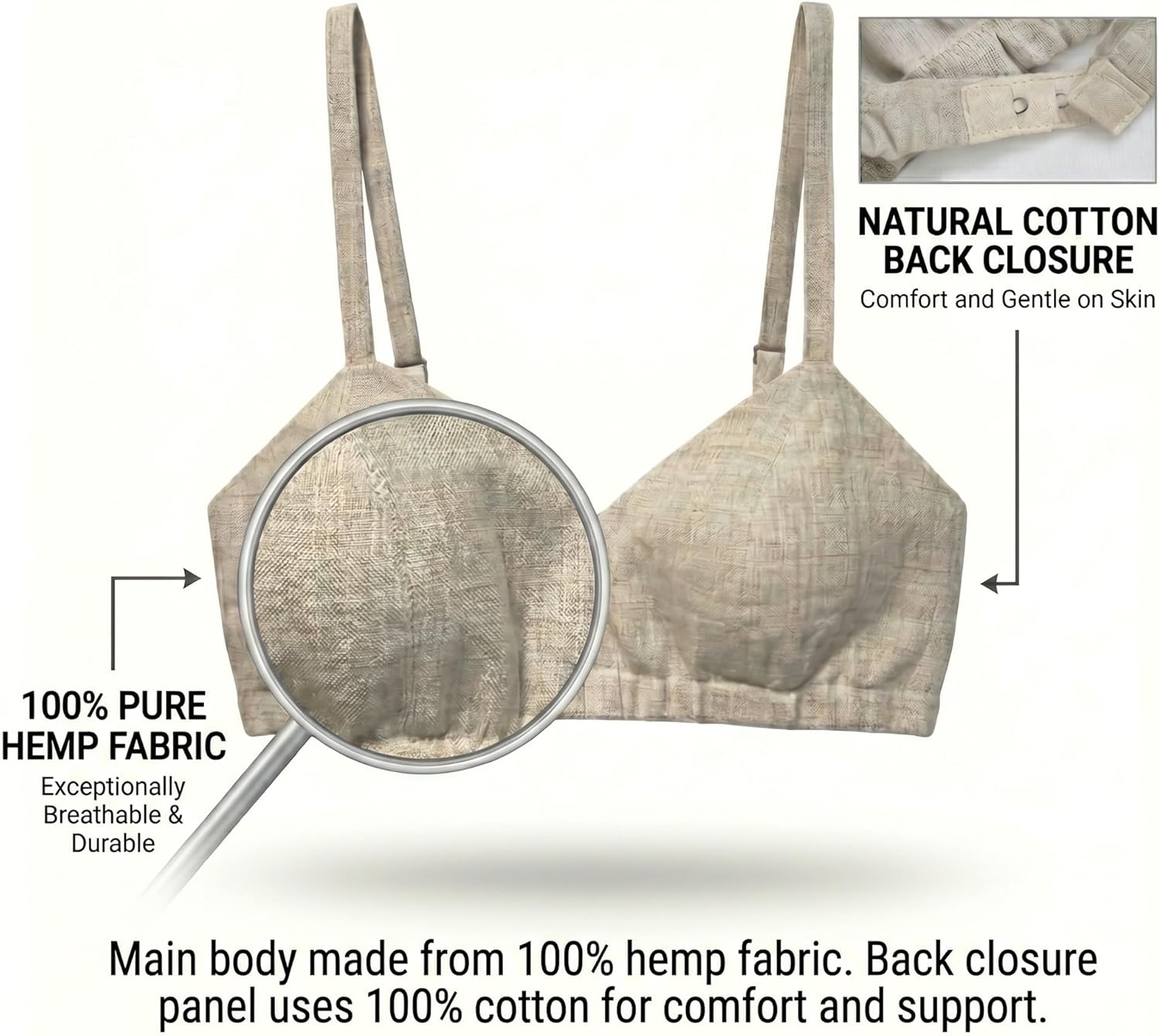 100% Hemp Woven Wireless Bralette — Soft Back-Closure Bra for Everyday Comfort