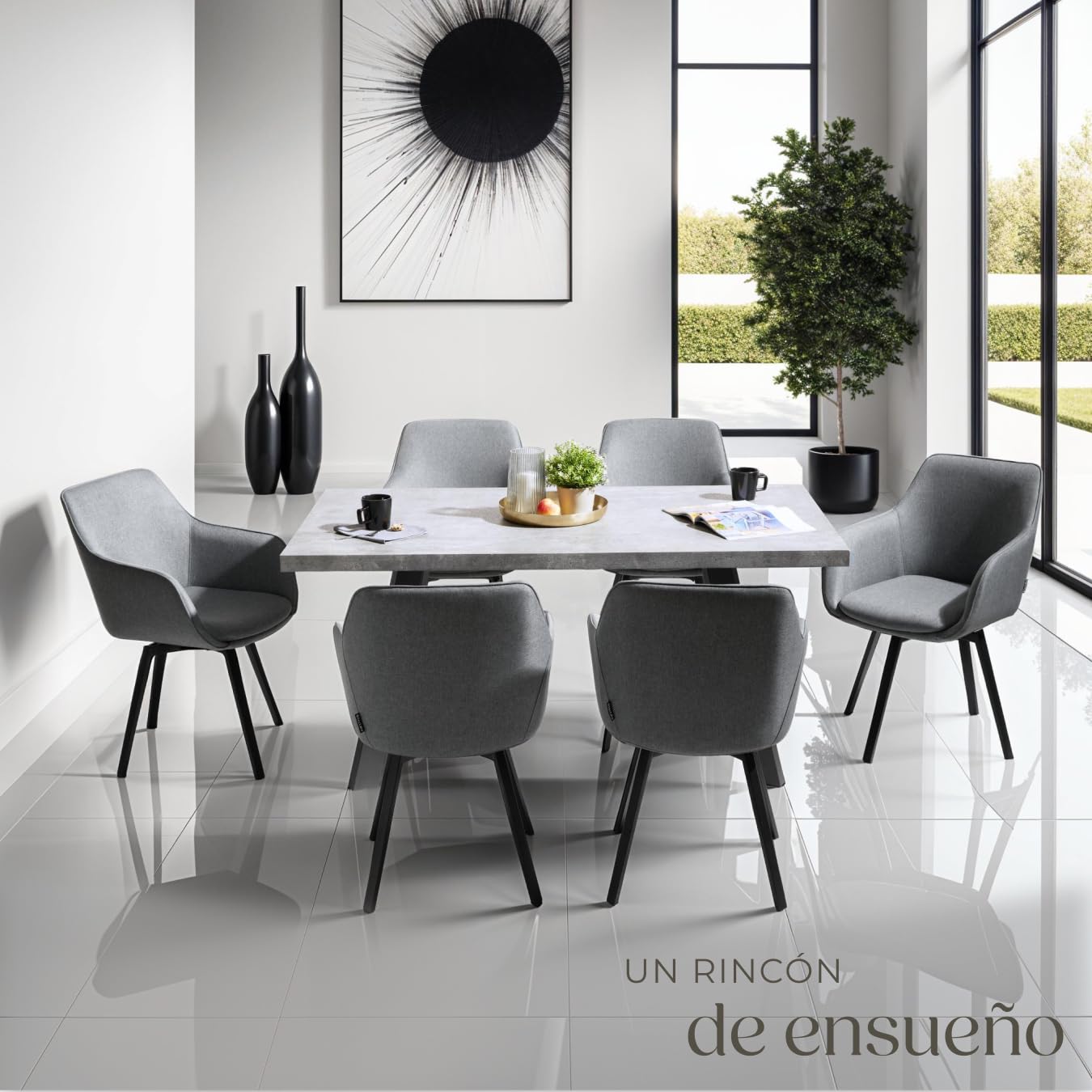 tectake® Silla Giratoria con Reposabrazos, Tapizada y con Acolchado de Alta Densidad, Patas de Acero 360°, Antideslizante, Montaje Rápido, Ideal para Comedor, Cocina y Dormitorio - 4 Sillas Antracita