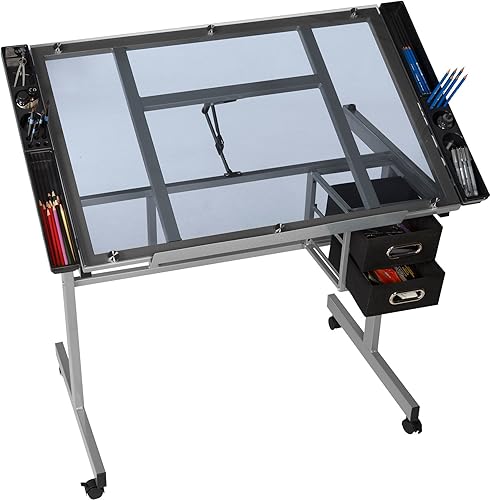 Miniatura 3 de OneSpace Estación de manualidades, escritorio de arte, escritorio de cristal ajustable con cajones y bandejas de suministros, color plateado