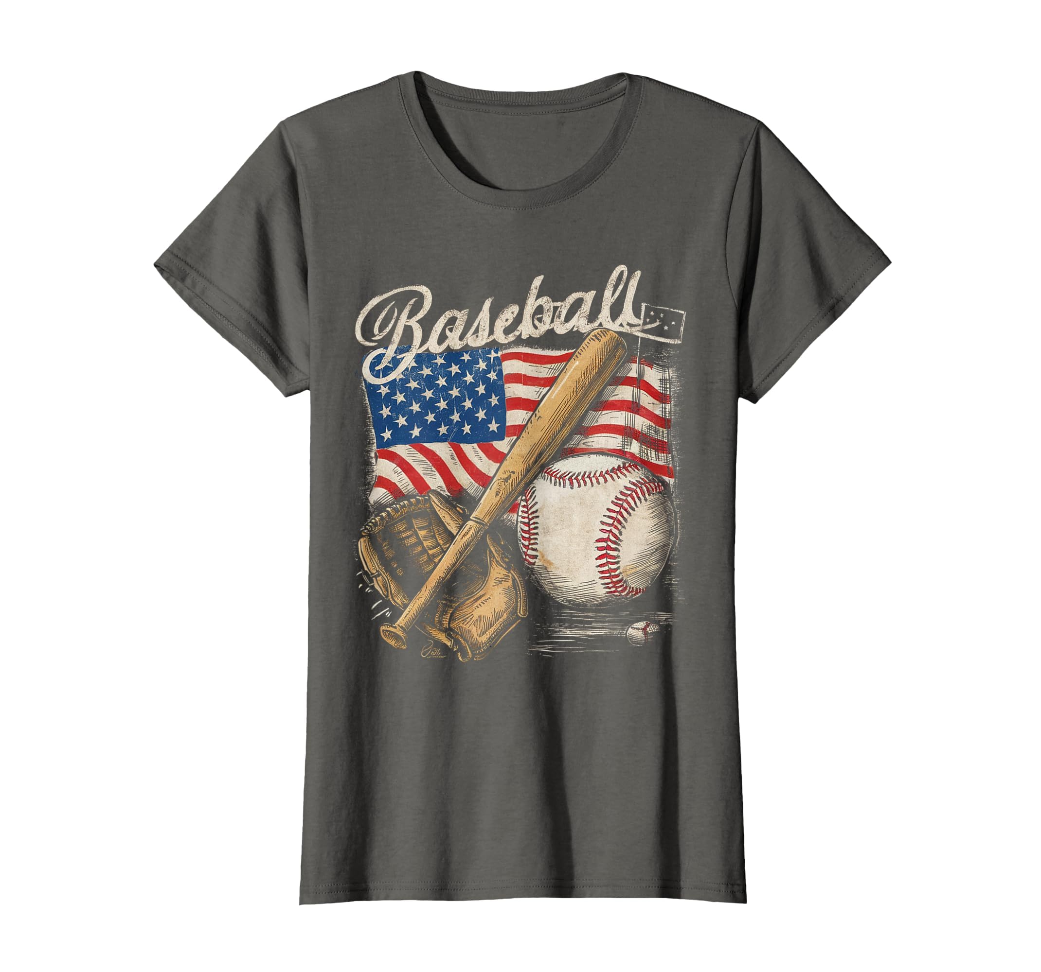 American Flag Baseball Player Bat Fan Catcher Pitcher USA T-Shirt