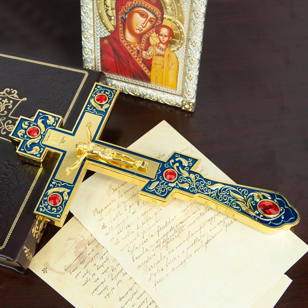 RZRHMUHN Orthodox Cross,Orthodox Standing Cross,Orthodox Hand Cross,Orthodox Crosses Gifts,Desktop Decoration,13.8In*5.7In (Blue)