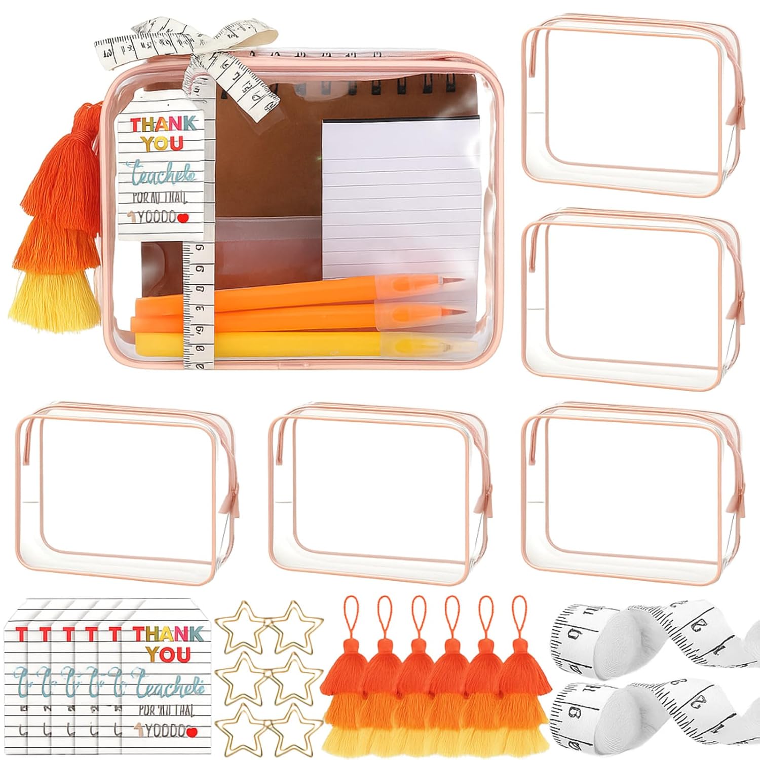 6 Set Teacher Appreciation Gifts Clear Makeup Bags Teacher Survival Kit Bags Teach Zipper Pouch with Greeting Cards and Ruler Ribbon Thank You Gift for Graduation Party Supplies