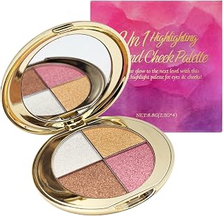 4-Color Glow Face Palette, Highlighter & Blush with Mirror, Gold | Shimmer Eyeshadow Makeup, Diamond Long-Lasting Texture, Silky Blendable Powder, Portable Compact, Natural Radiance