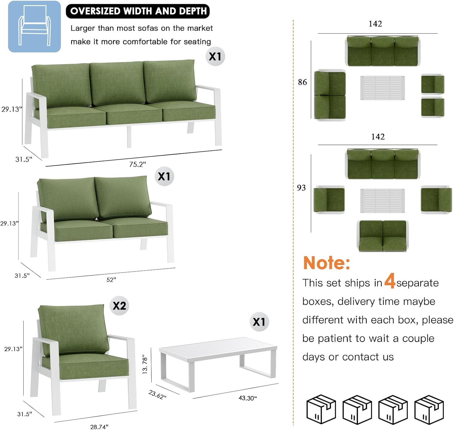 Diagram showing dimensions of sofa, loveseat, armchair, and coffee table, with a note about shipping in separate boxes.