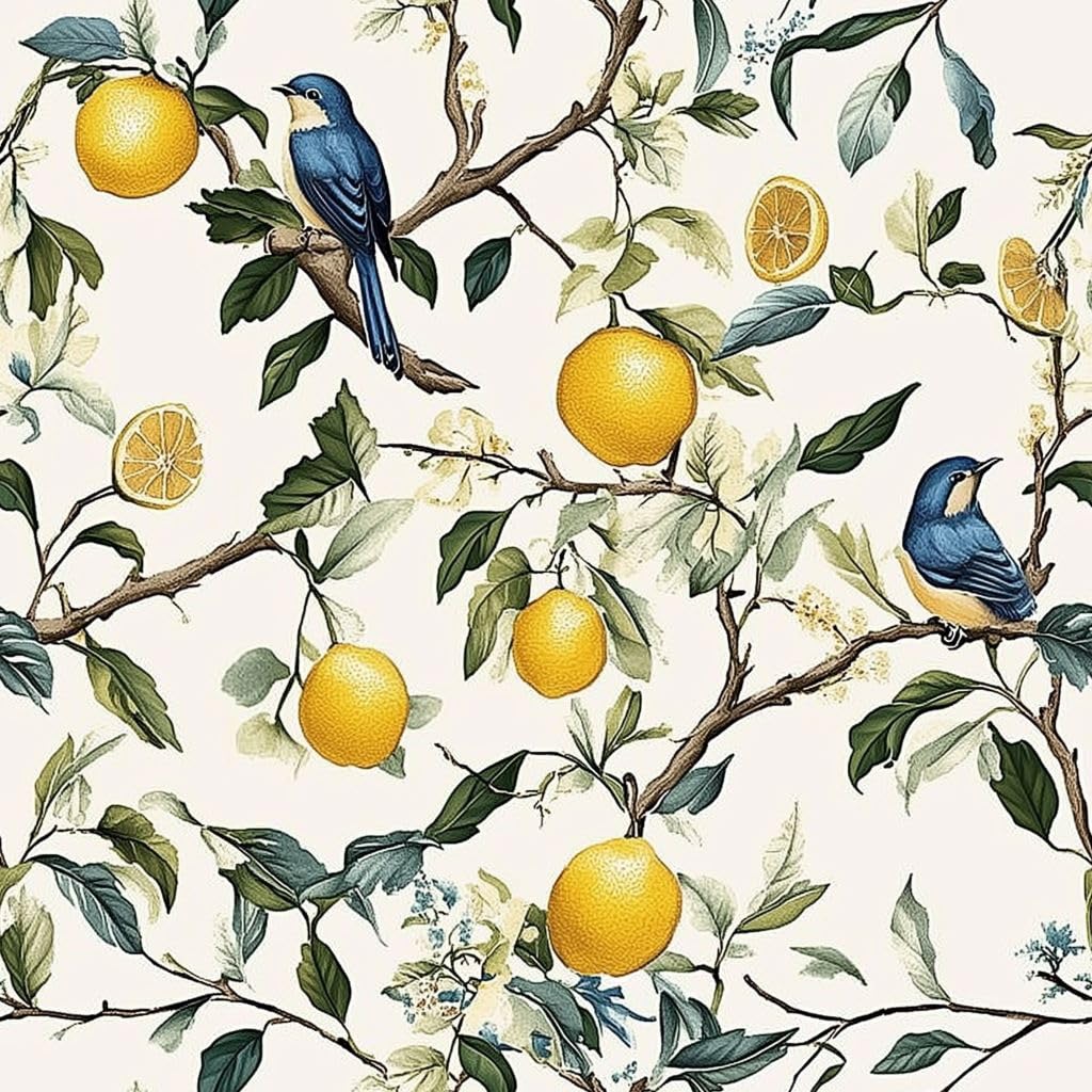 Papier peint autocollant vintage oiseau floral 45cm aquarelle citron