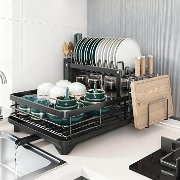 2 Tier Dish Drying Rack for Kitchen Counter - Large Dish Drainer with Drainboard & Utensil Holder, Extendable Spout Strainers, Knife Slots, and Cup Organizer Black