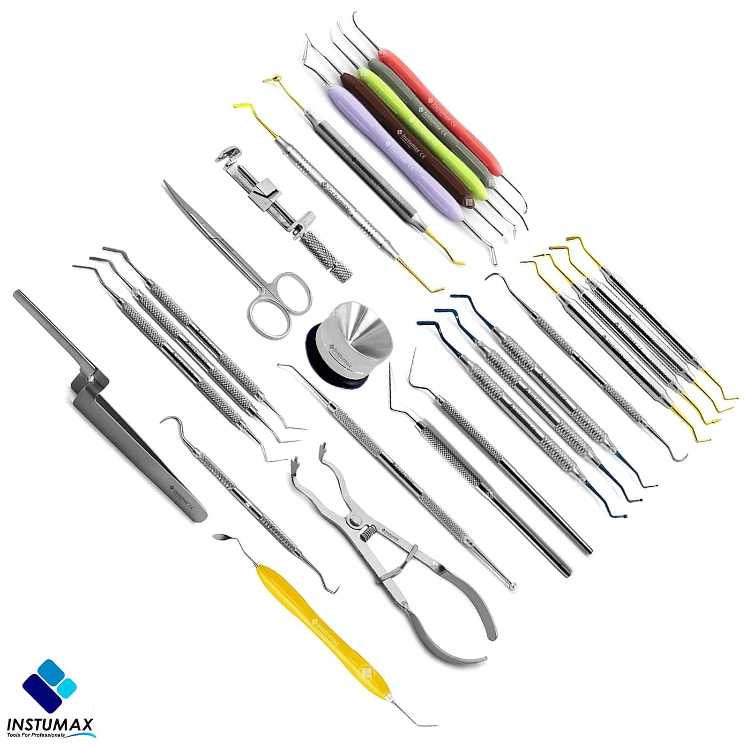 24-Pcs Dental Composite Restoration Filling Kit - Pluggers, Burnishers, Scalers, Tofflemire Bands, Heidmann Spatulas, Rubber Dam Pliers - Professional Restorative Instruments Set