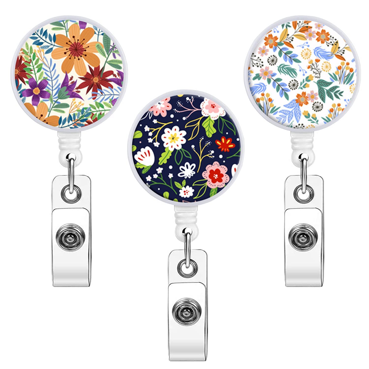 Retractable ID Badge Holder Reel with Clip, KASTWAVE Flowers Name Badge Reels Retractable Card Holder for Office Worker Teacher Doctor Nurse (3 Pack Flower)