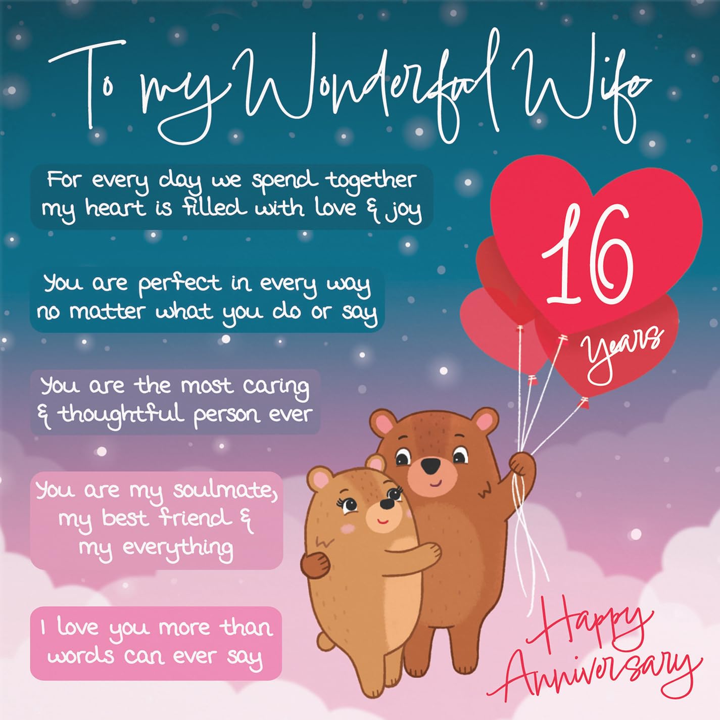 Hunts England - Starry Night 16th Anniversary Card for Wife - Cute Bears & Poem, 16th Wife, Standard (148 x 148 mm) - Image 2