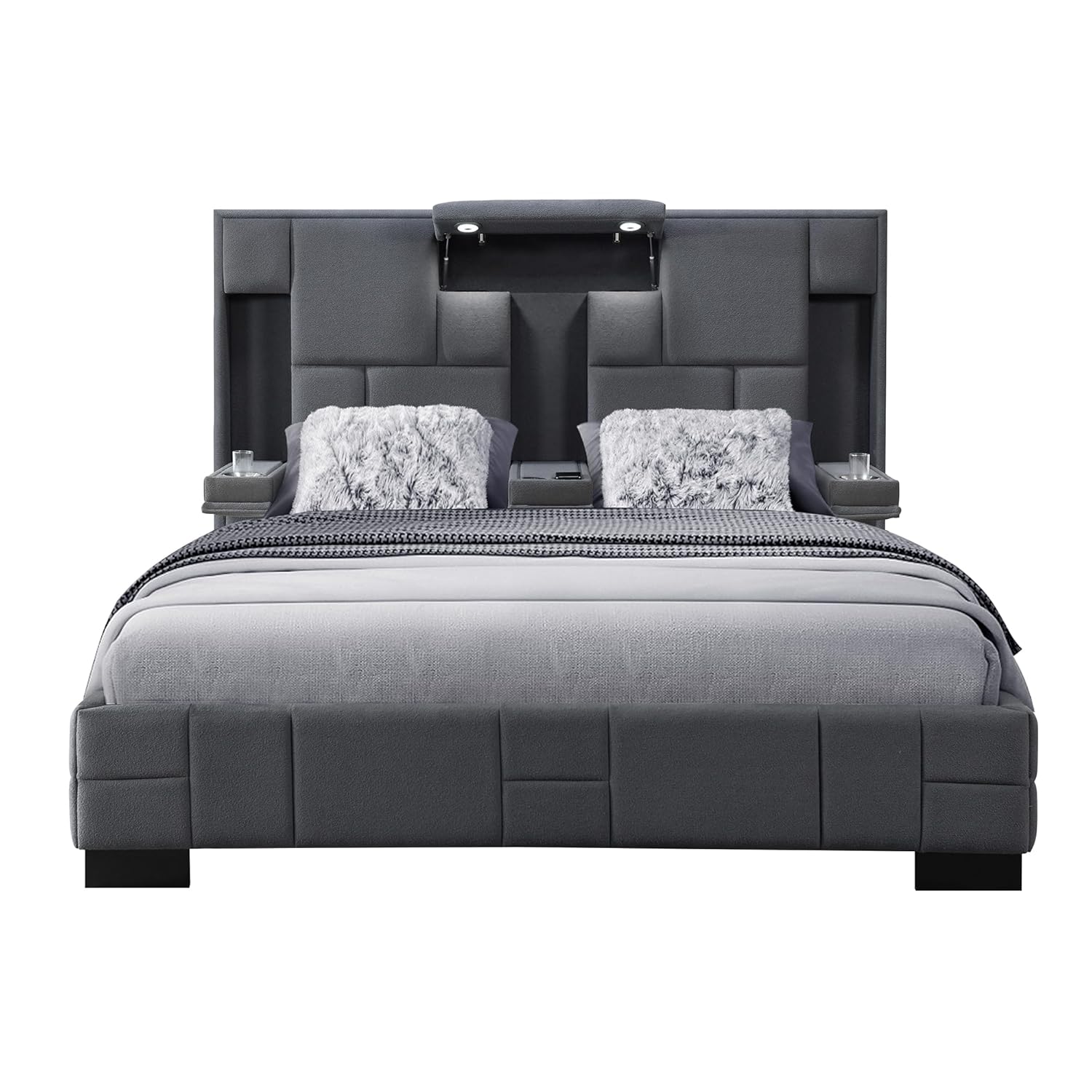 Front view of the Oscar Dark Grey Queen Bed
