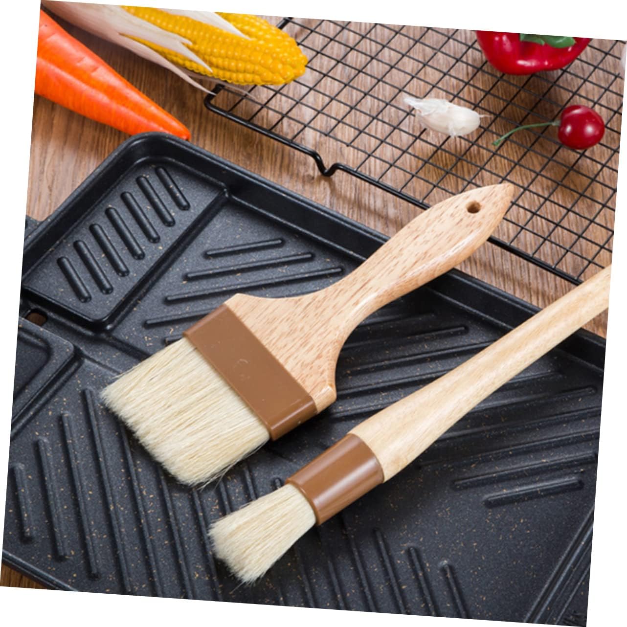 Outanaya 4Pcs Food Grade Wood Handle Basting Oil Brush Small Medium Large Round Wool Brush for Baking Grilling and Cooking Heat Resistant Kitchen Utensils