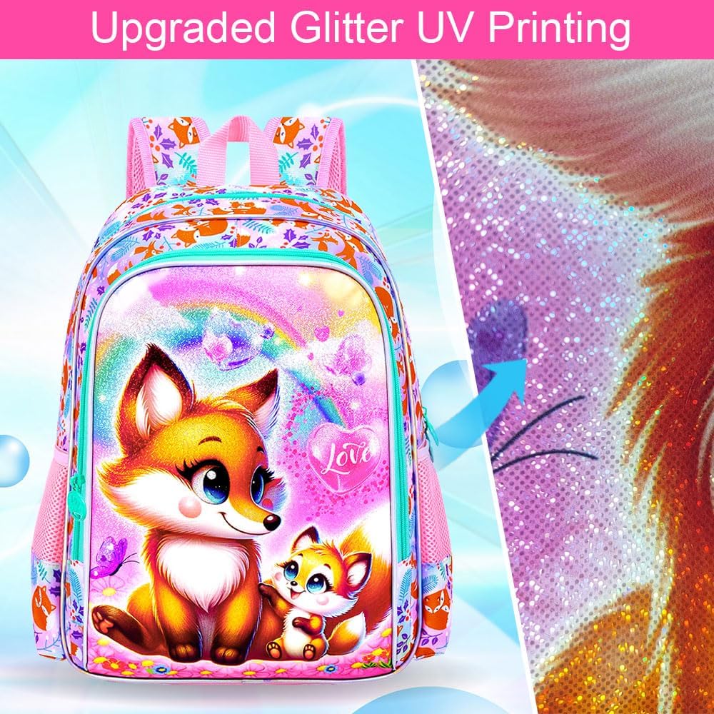 KLFVB 3PCS Girls Fox Backpack, Water Resistant Kids Bookbag with Lunch Box, 16" Preschool Backpacks for Elementary - Fox Pink
