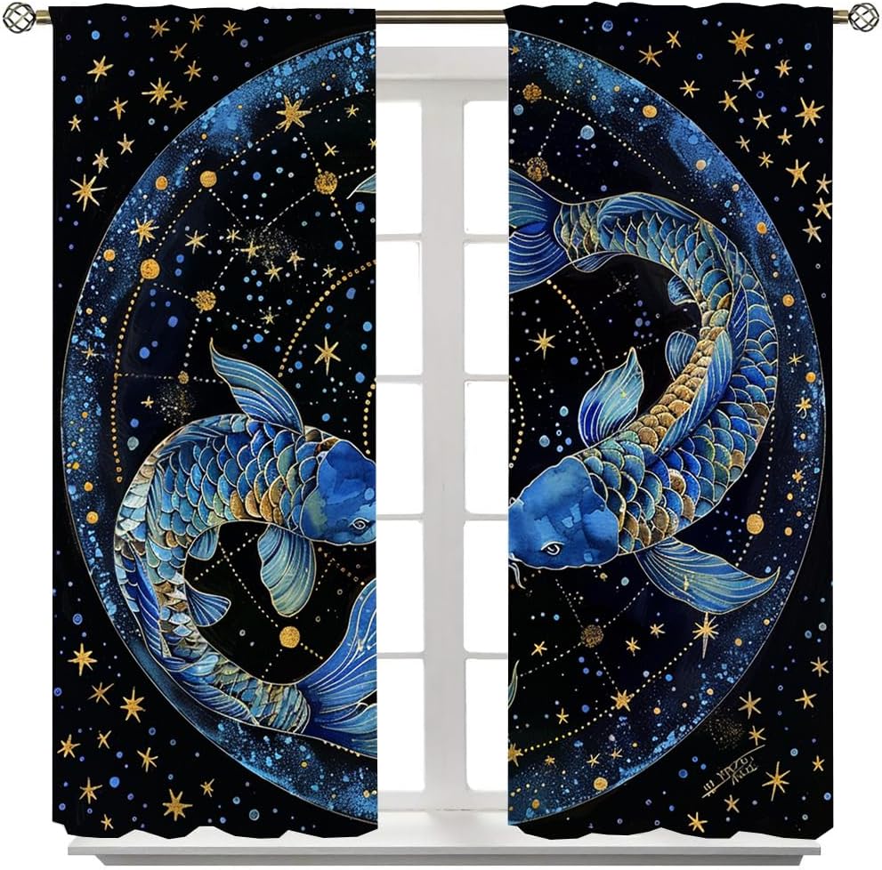 Fantasy Galaxy Japanese Fish Unique Multi-Size Rod Threading Curtains Watercolor Outer Space Stars Yin Yang Theme Soft Blackout Curtains for Bedroom, Living Room 2 Panels 63" L x 21" W