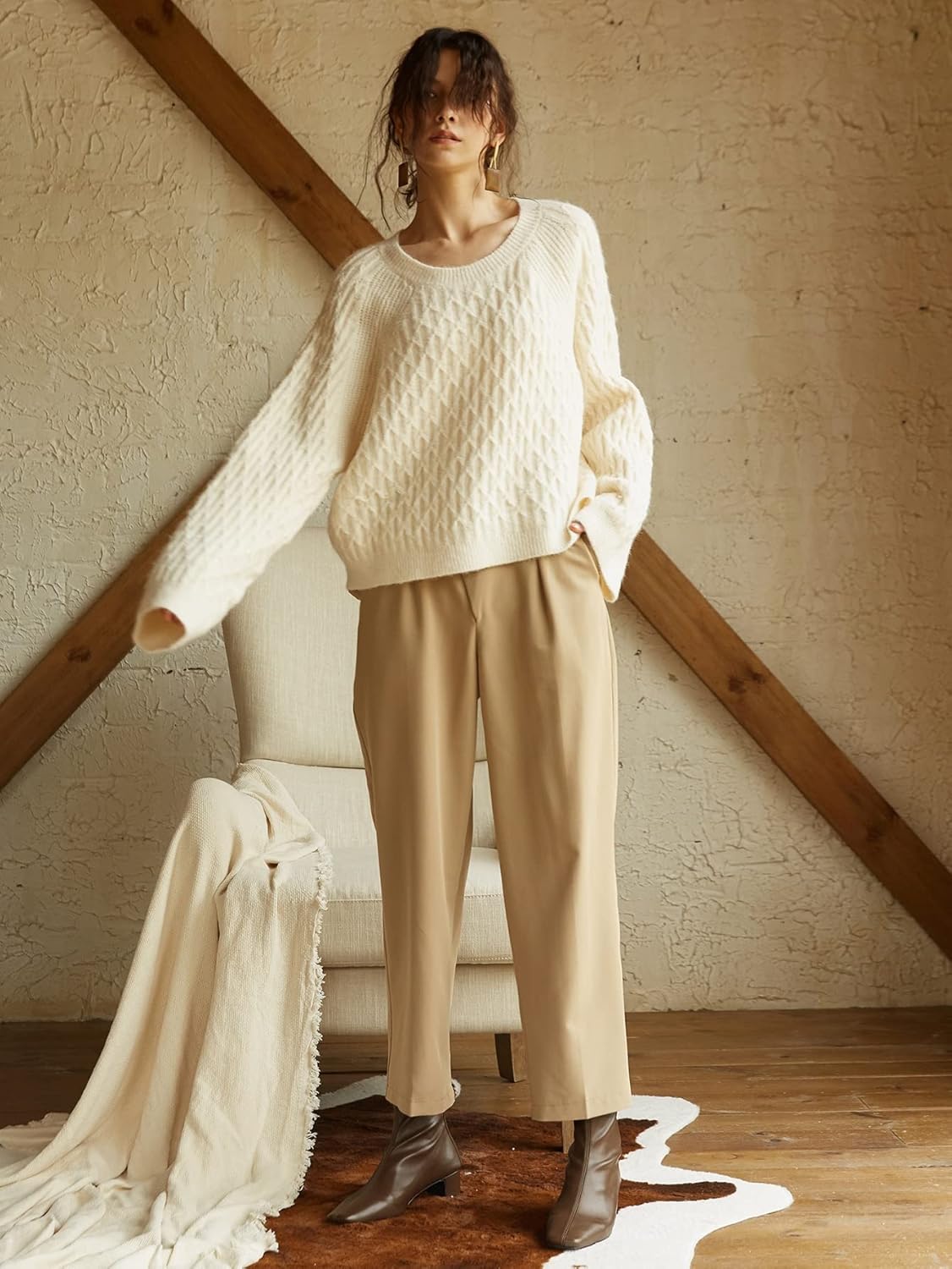 Sweater Womens Sweater Solid Raglan Sleeve Sweater (Color : Beige, Size : Large)