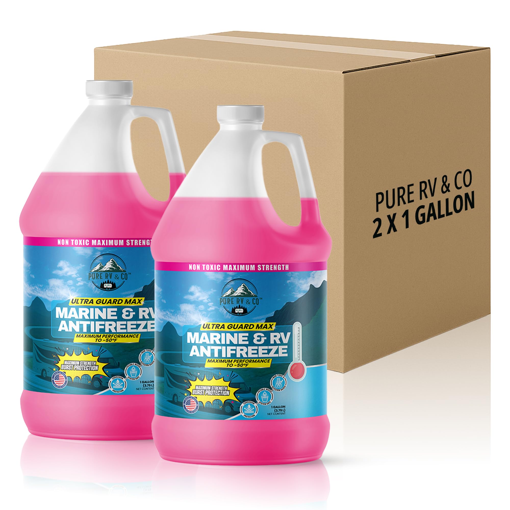 Antifreeze for Winterizing - Non-Toxic Ultra Guard Max Antifreeze -50°F - Potable Water Safe Glycerin Formula - Camper, Boat &amp; Pool Anti Freeze Winterizing Fluid - (2 x 1 Gallon) Set