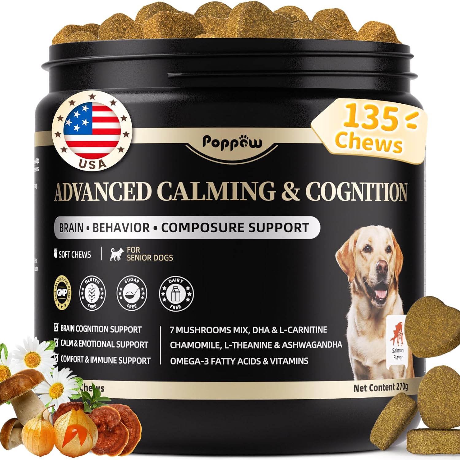 Advanced Calming Chews for Dogs-Brain & Composure Support with 7 Mushrooms, Ashwagandha, Omega-3 DHA & EPA, Anxiety Relief Dog Calming Treat, All Breeds & Sizes, Salmon Flavor, 135Ct