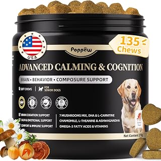 Advanced Calming Chews for Dogs-Brain & Composure Support with 7 Mushrooms, Ashwagandha, Omega-3 DHA & EPA, Anxiety Relief Dog Calming Treat, All Breeds & Sizes, Salmon 135CT