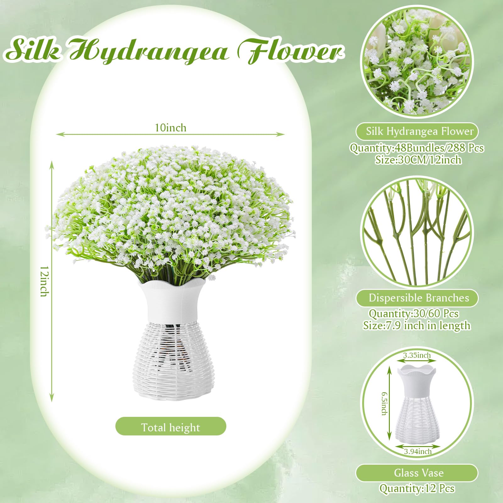 Leinuosen Künstliche Blumen in Rattan-Vase, 12-teiliges Set, Schleierkraut, künstliche Blumen, Großpackung mit 12 weißen Blumenvasen, Korb für Hochzeit, Party, Zuhause, Garten, Tischdekoration, 12