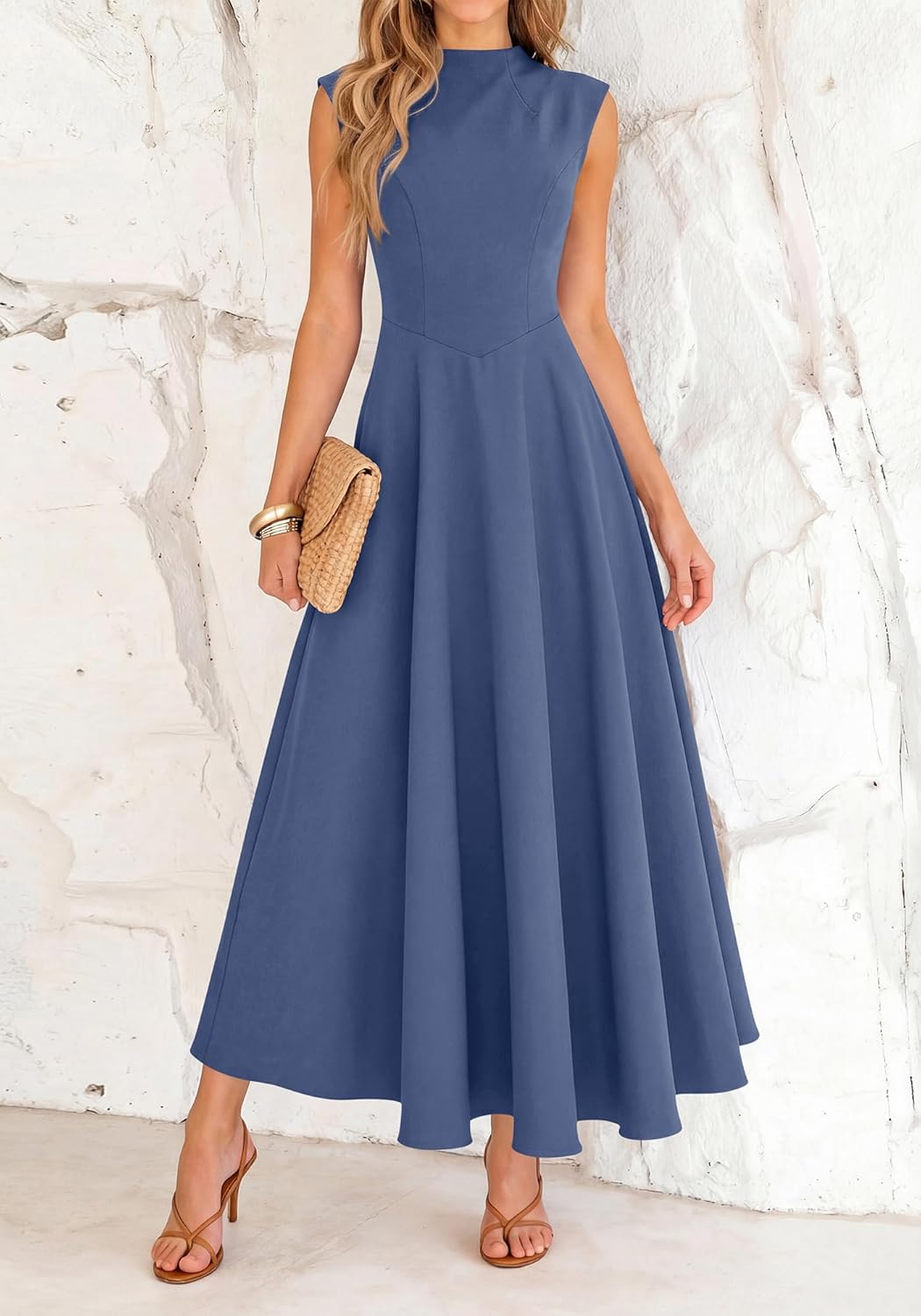 BTFBM Summer Dresses for Women 2026 Mock Neck Sleeveless High Waist Flowy Aline Maxi Spring Wedding Guest Dress Cocktail - Image 2