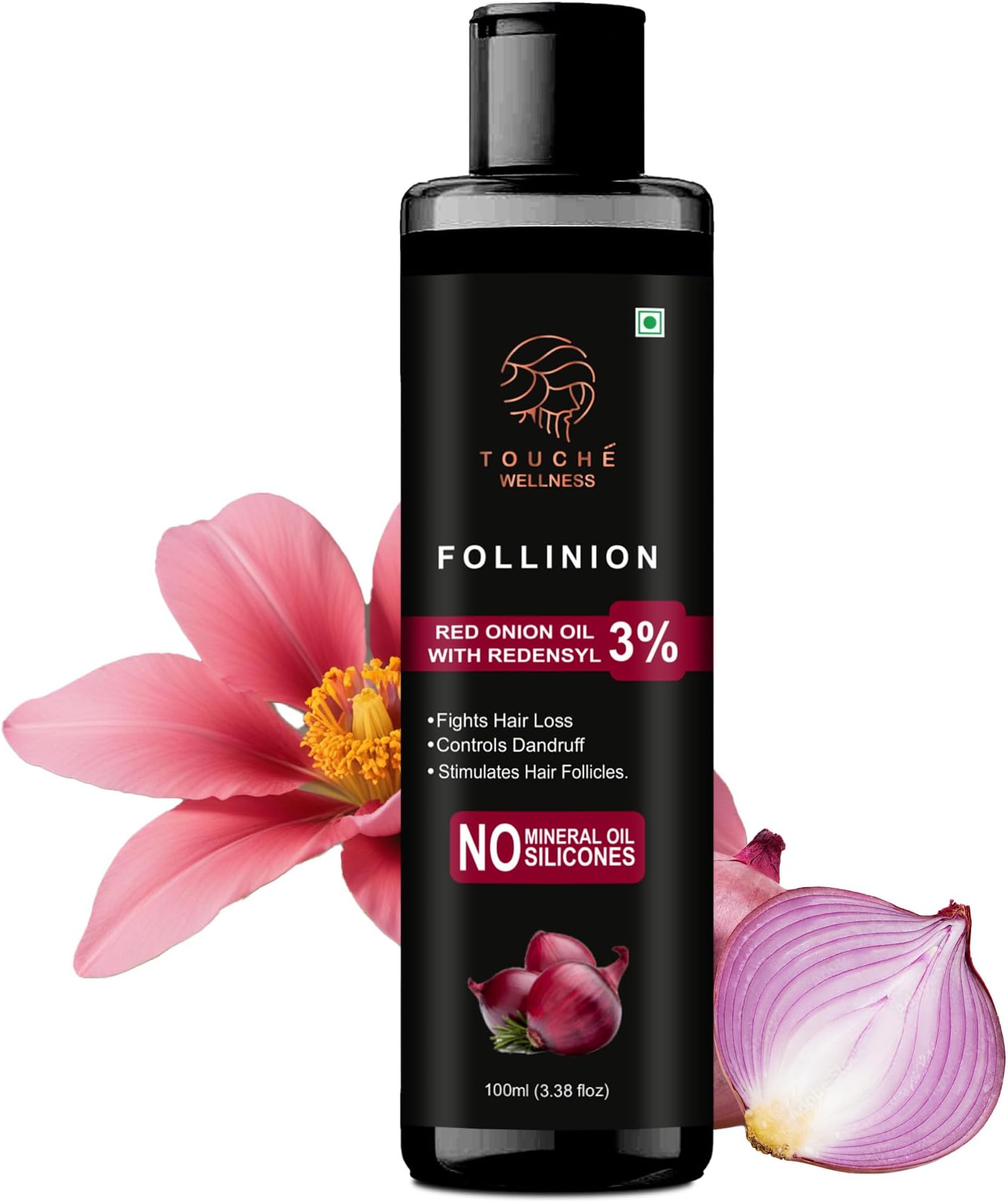 Touche Wellness Follinion Red Onion Hair Oil With Redensyl 3% - Power of 9 Oils - For Men And Women - Helps in Preventing Hairfall & Damage, For Stronger & Dense Hair 100 ML