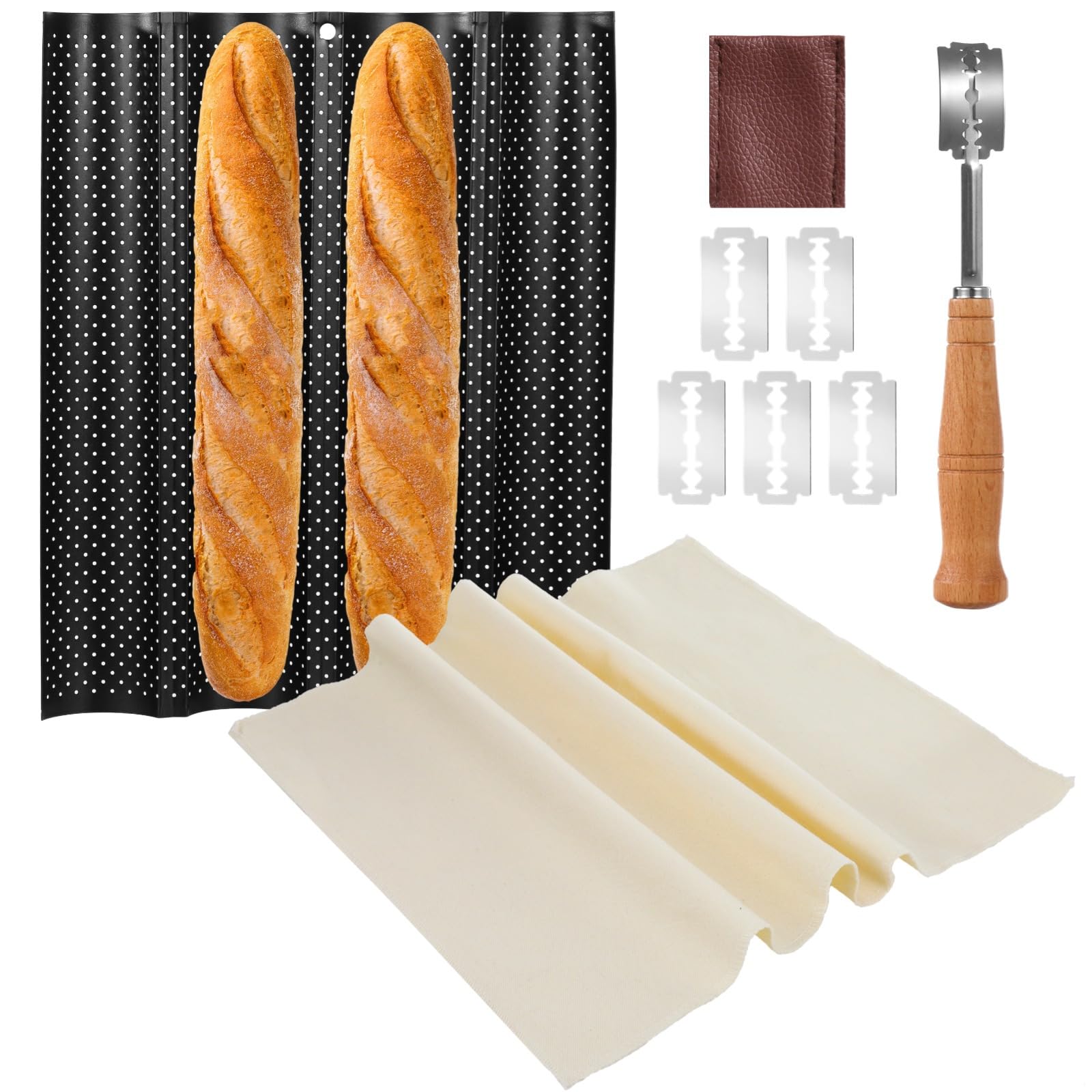 French Pan with 4 Slots, Includes Proofing Cloth, Bread Lame with Replacement Blades for Home Bakers