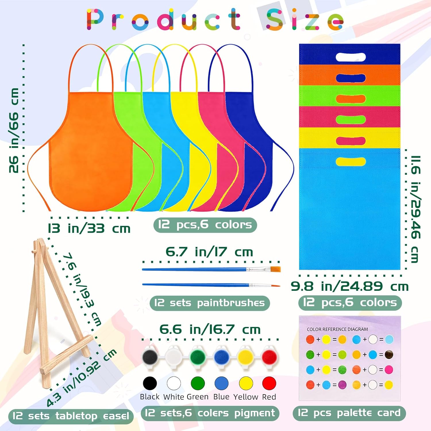 48PCS 12 Sets Printed Canvas Paint Art 12 Pcs Wooden Easel Set Paint Pots and Brushes and 12 Pre Drawn Canvas Panel 12 Pcs Mini Apron and Tote Bag for Kids(Cute)
