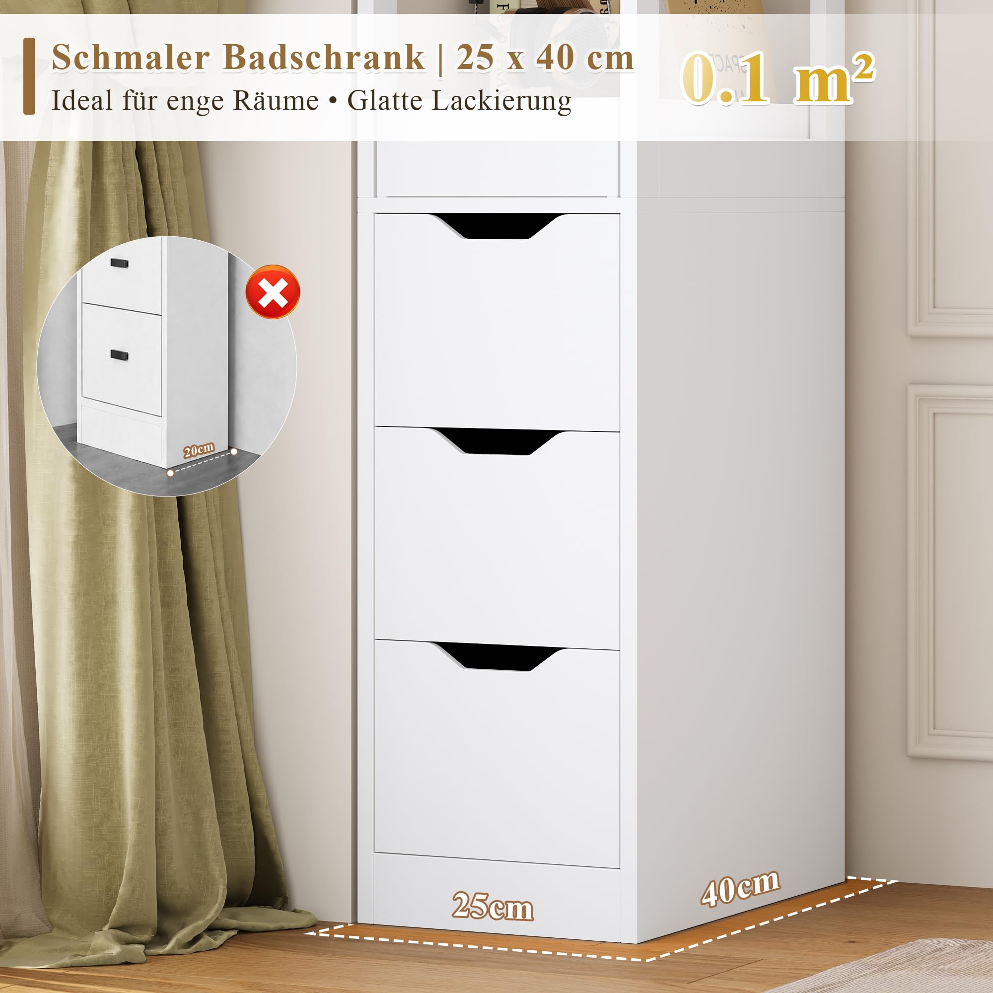 HOCSOK Badezimmerschrank, Badschrank Schmal mit 3 Badregal, 25 Breit