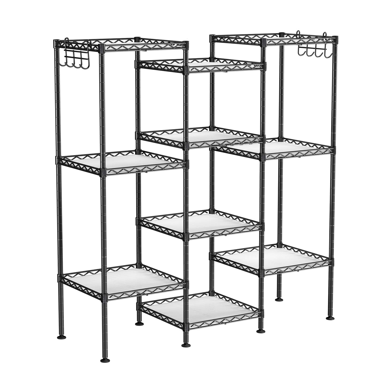 SONGMICS Półka łazienkowa, półka stojąca z metalu, wytrzymała, obciążenie do 100 kg, z 5 panelami PP, z wyjmowanymi haczykami, 30 x 30 x 123,5 cm, do małych pomieszczeń, czarna LGR23BK